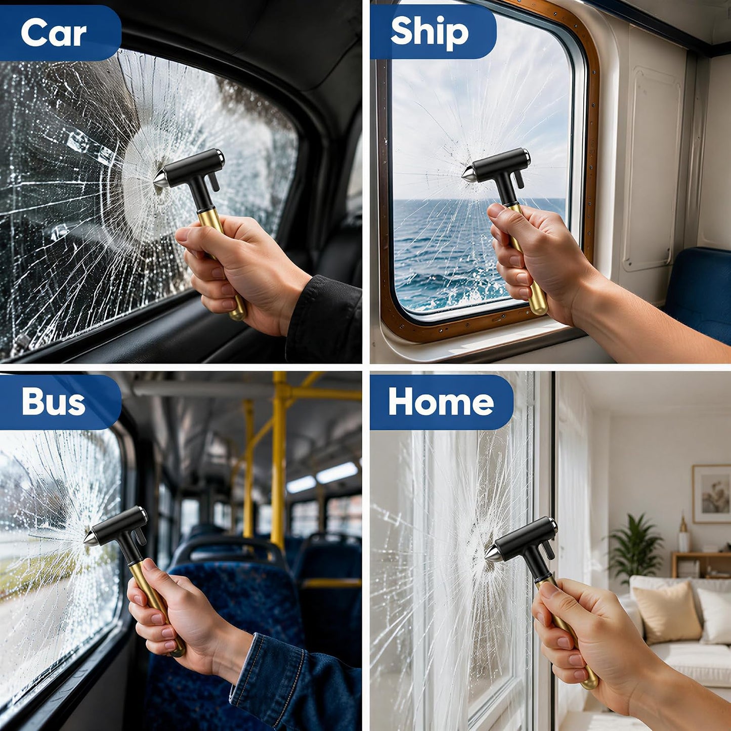 Emergency window breaker for car ship bus and home safety use
