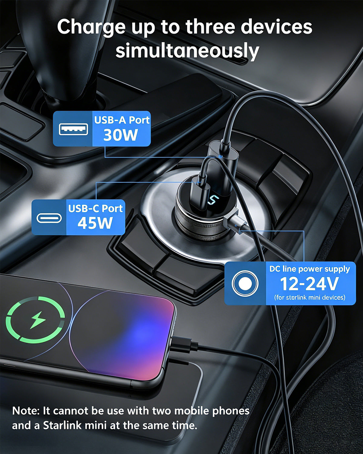 Starlink Mini Car Power Cable | 3-in-1 12V-24V DC Adapter with USB Fast Charging