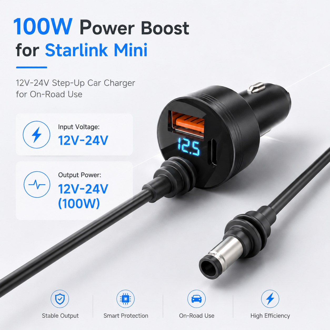 Starlink Mini Car Adapter | 12V-24V DC Power Cable with USB Fast Charging