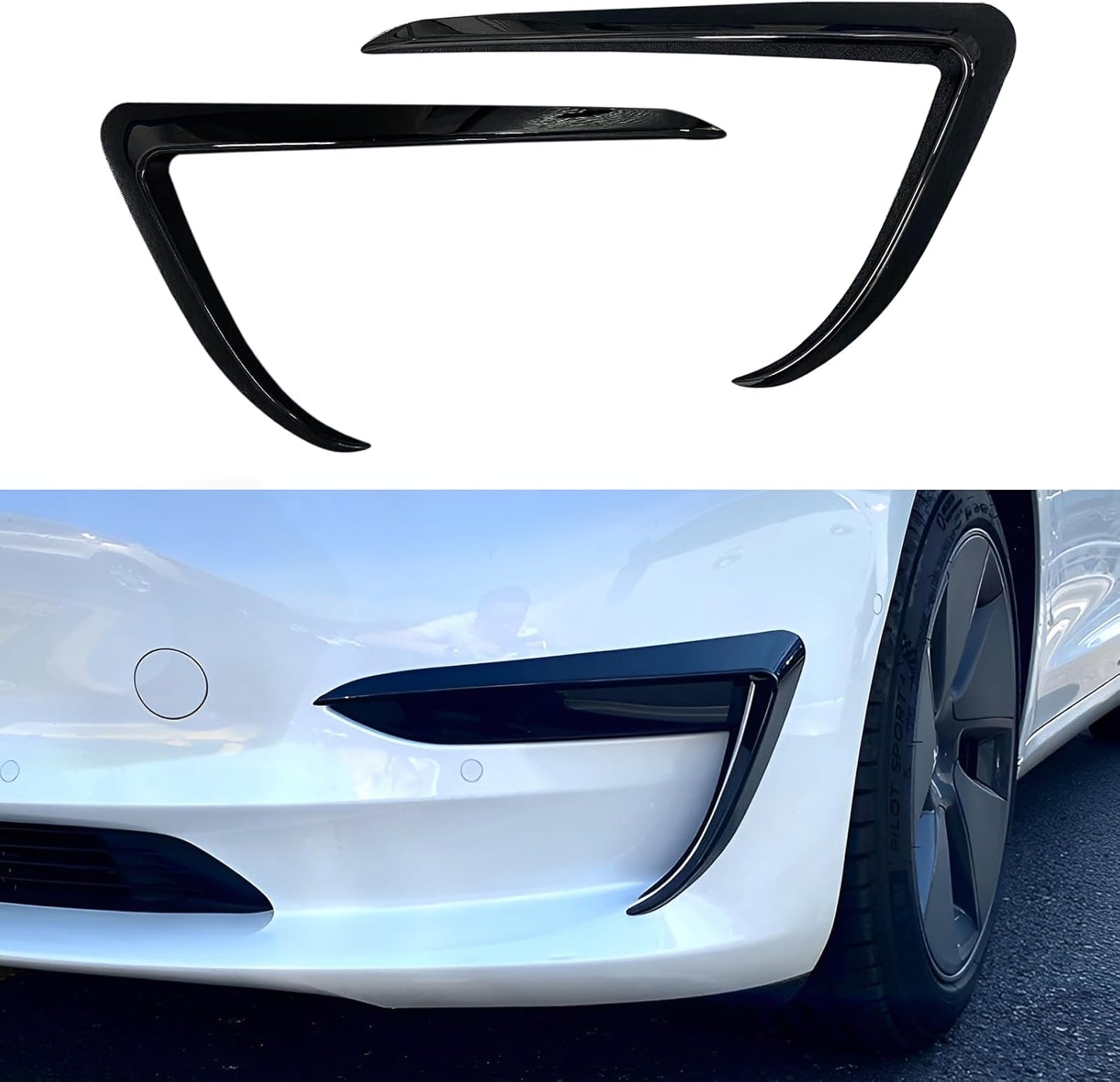 Tesla Model 3 Front Fog Light Trim Cover - Glossy Black Carbon Fiber Eyebrow Spoiler for 2017-2023