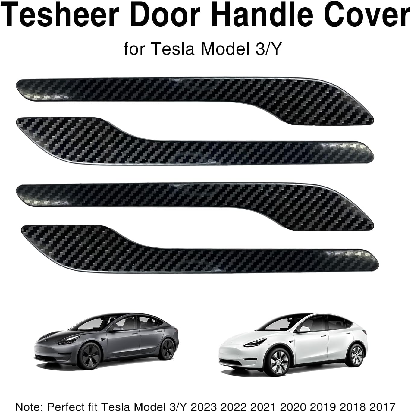 Tesheer Glossy Carbon Fiber Door Handle Stickers for 2017–2024 Model 3 & 2020–2024 Model Y – 4PCS