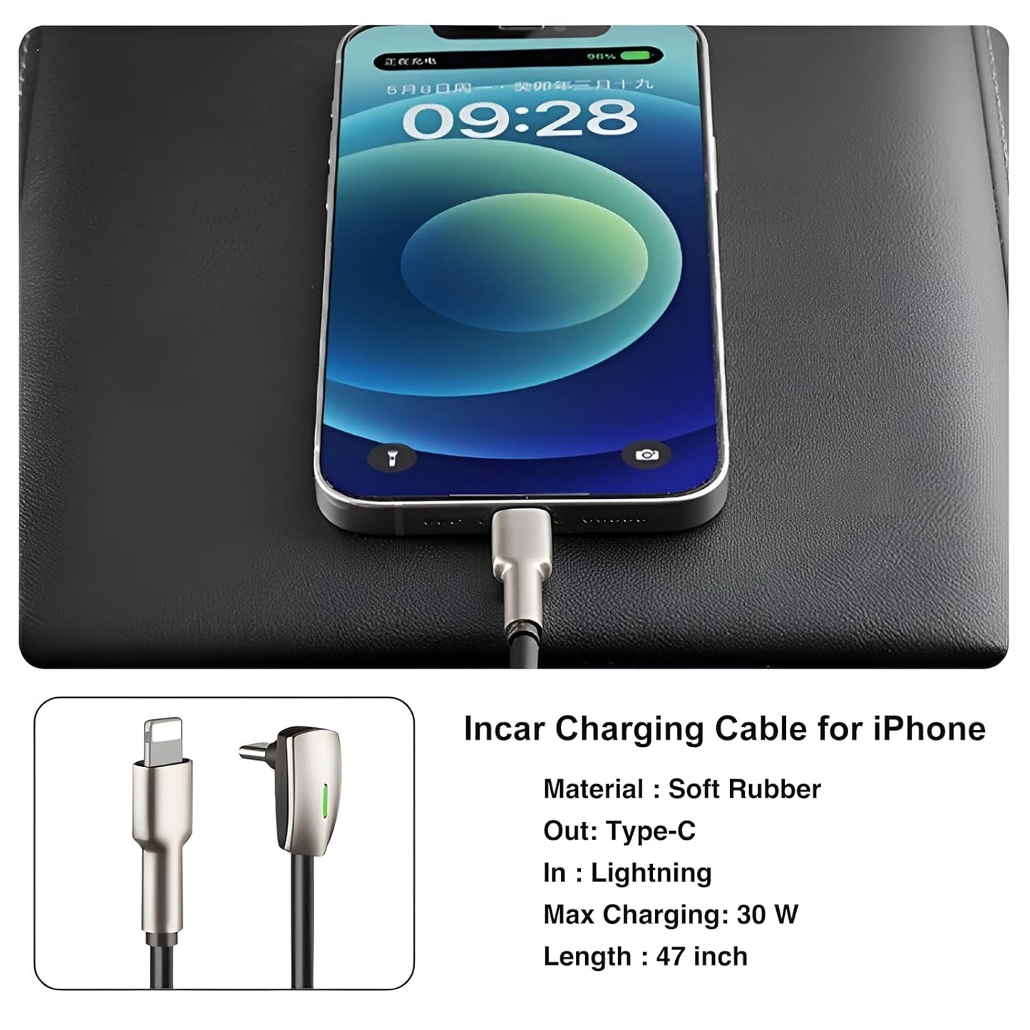 Tesheer 90° USB-C to Lightning Cable 4 ft – Perfect Fit for Tesla Model 3/Y/X/S/Cybertruck Center Console
