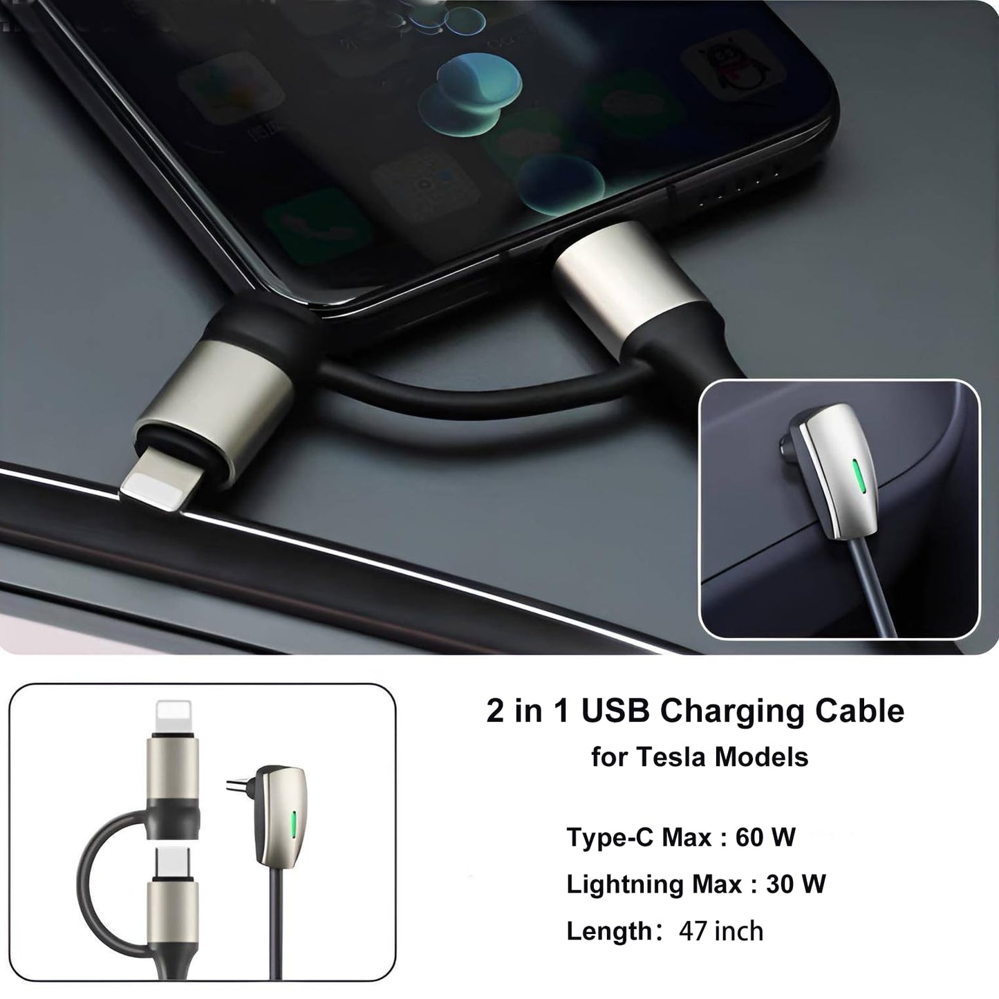 Tesheer 2-in-1 Right-Angle Charging Cable for Tesla – USB-C & Lightning, 4 ft, Up to 60W