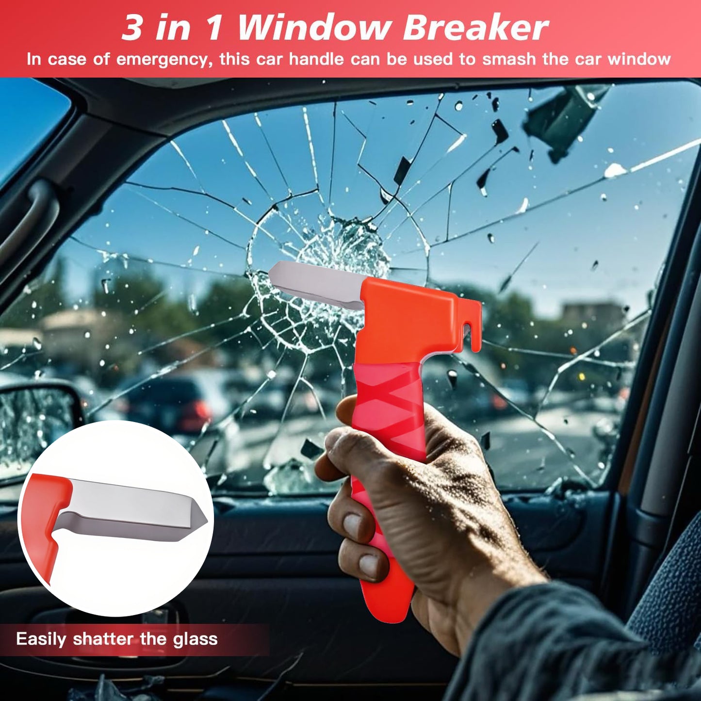 Close-up of forged steel window breaker tip and seat belt cutter on car assist handle