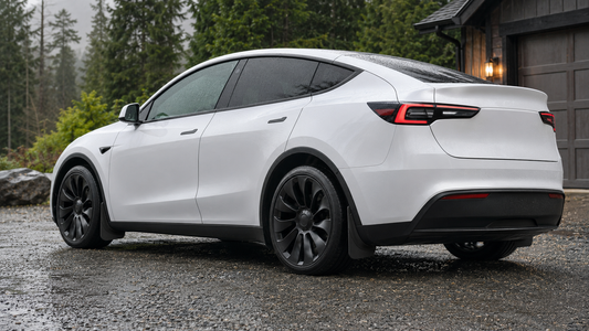 Black front and rear mud flaps installed on a white 2025–2026 Model Y Juniper after rain