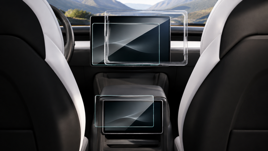 Clear protectors aligned with the 16-inch front and 8-inch rear screens in a 2026 Model Y Juniper