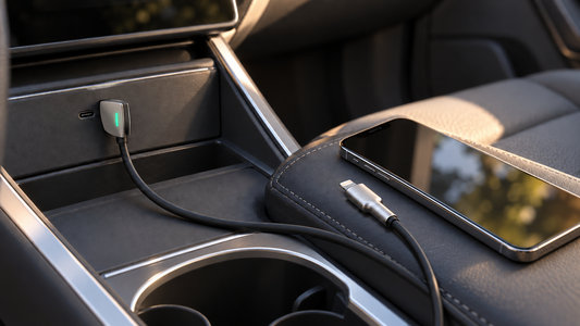 Black 4 ft right-angle USB-C to Lightning cable routed through a Tesla center console beside a phone