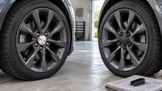 Four-piece silver center-cap set compared with a matte-black 25-piece center-cap and lug-cover kit on two alloy wheels