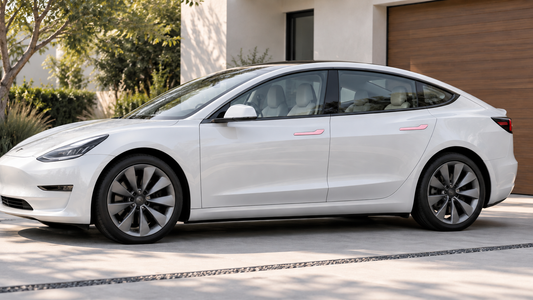 Glossy pale-pink Tesheer ABS door handle covers installed on a white electric sedan