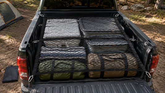 Black 4-by-4-foot elastic cargo net secured with six metal carabiners over camping gear in a parked pickup bed