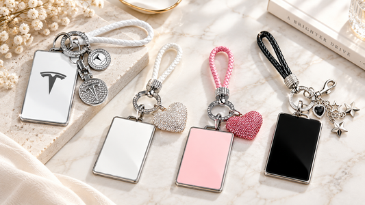 Eight Tesheer Tesla key card holder styles in bling, heart and star designs