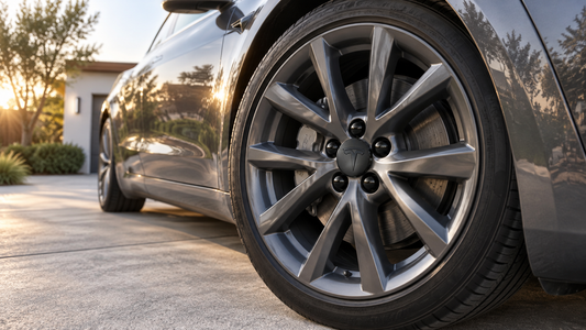 Glossy black center cap and five black lug nut covers on an exposed Tesla-style alloy wheel