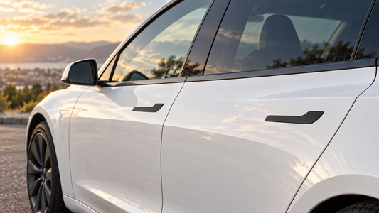 Black door handle protector covers installed on a white Tesla-style sedan