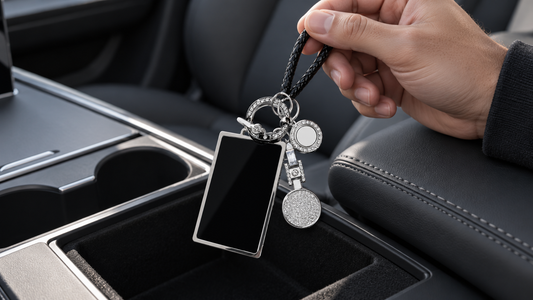 Black acrylic Tesla key card holder with silver crystal hardware and braided wrist loop inside a modern car