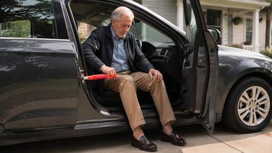Older adult using an orange and red Tesheer car door handle assist in a parked sedan