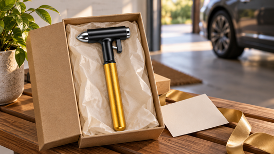 Gold and black Tesheer car escape hammer presented as a practical gift for a new driver