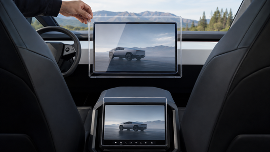Clear front and rear Cybertruck screen protectors aligned over the center and rear touchscreens