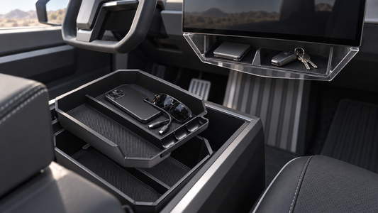 Cybertruck cabin with a black two-tier center console organizer and a clear under-screen storage box