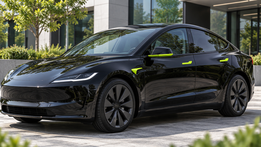 Black Model 3 Highland with Tesheer lime green door handle, side camera housing and mirror trim accessories