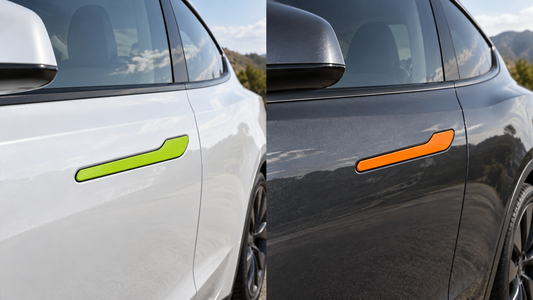 Green and orange molded Tesla door handle covers compared on white Model 3 and dark Model Y doors