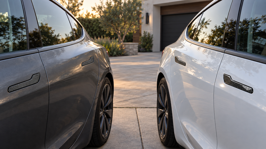 Matte and glossy carbon fiber-textured door handle covers on two Tesla-style electric sedans
