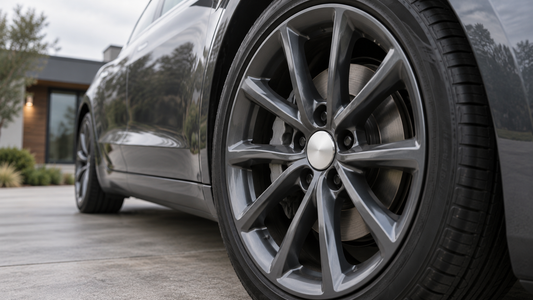 Glossy silver wheel center cap installed in a dark gray multi-spoke alloy wheel