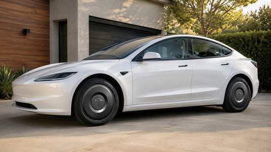 Grey aerodynamic 18-inch wheel covers installed on a white 2024–2026 Model 3 Highland