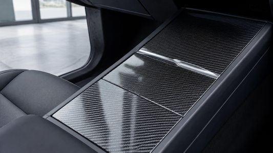 Glossy real carbon fiber center console cover installed in a 2024 Tesla Model 3 Highland