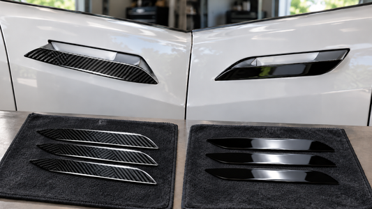 Real carbon fiber Model S handle covers compared with thin glossy black handle stickers