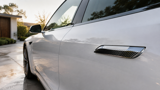 Real 3K carbon fiber door handle cover installed on an extended 2016–2026 Tesla Model S handle