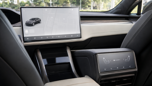 HD-clear screen protectors on the 17-inch front and 8-inch rear displays in a 2021–2026 Model S or Model X cabin