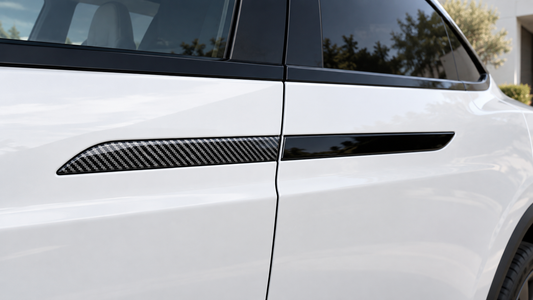 Glossy carbon-fiber-pattern and solid black door handle stickers compared on a white Model X