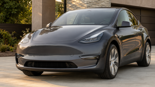 Glossy black fog light trim installed around both lower front lights of a parked 2021–2023 Tesla Model Y