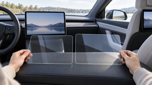 Two clear touchscreen protectors compared inside a Model Y Juniper cabin