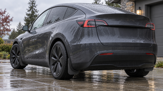 Dark gray Model Y with four black molded mud flaps installed on a wet road after rain