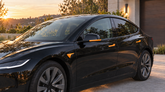 Black Model 3 Highland with orange door handle covers, mirror trim, and unobstructed HW4 side camera cover