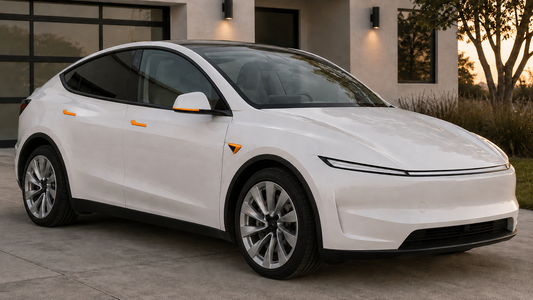 White 2025 Model Y Juniper with glossy orange door handle, camera housing, and mirror trim accents