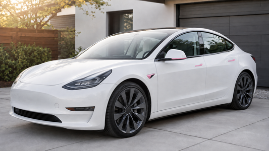 White 2019–2023 Tesla Model 3 with pink door handle, HW3 camera, and mirror trim accessories