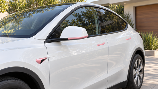 Pink HW3 side camera cover, mirror trim, and door handle covers installed on a white Model Y