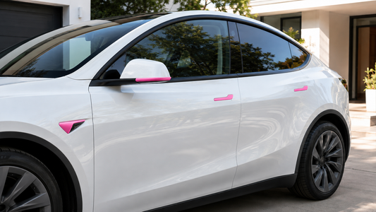 Pearl white Model Y Juniper with glossy fuchsia door handle, mirror trim, and side camera accessories