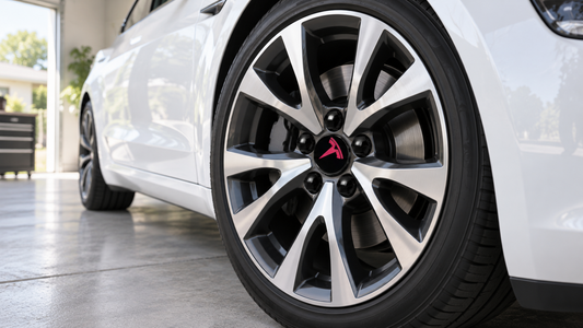 Pink and black Tesheer wheel center cap with five black lug nut covers installed on an alloy wheel