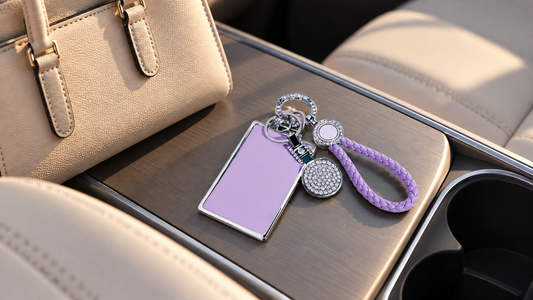 Purple Tesheer Tesla key card holder with crystal charms and braided wrist loop beside a beige handbag