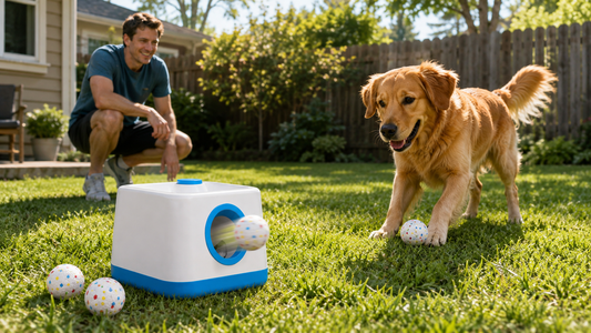 Golden retriever playing with a white and blue rechargeable automatic dog ball launcher under owner supervision