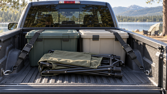 Two black retractable ratchet straps securing camping cargo in a pickup truck bed
