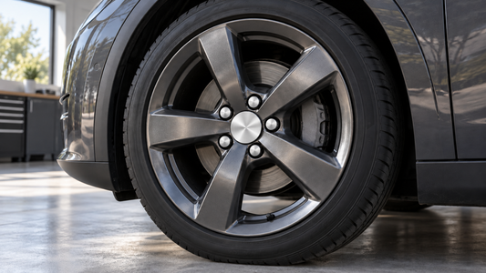 Brushed silver center cap and five matching lug nut covers installed on a dark 19-inch wheel