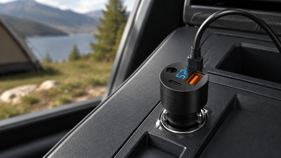 Starlink Mini 12V to 24V car adapter with DC cable installed in a vehicle socket