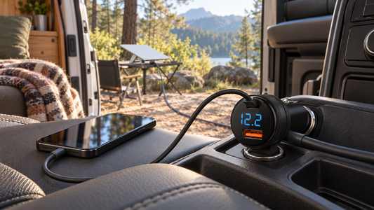 Tesheer Starlink Mini car charger powering a campsite terminal and phone from a camper van