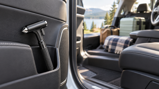 Black Tesheer 3-in-1 car escape hammer secured in a vehicle door pocket before a family road trip