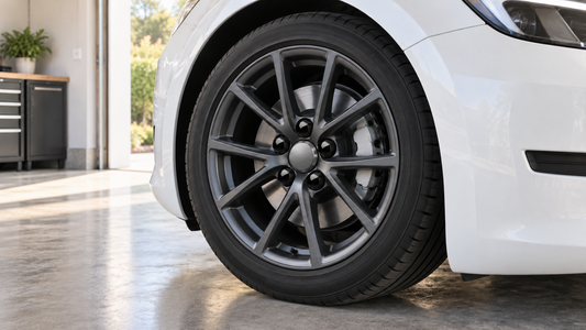 Metallic gray center cap with five glossy black lug nut covers installed on a dark Tesla-style wheel