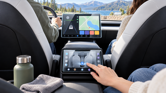 Passenger using the protected 8-inch rear touchscreen in a 2026 Model Y Juniper Premium or Performance